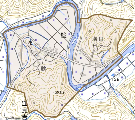 鯰とその周辺の地図。町の範囲を重ねている
