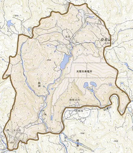 田渕とその周辺の地図。町の範囲を重ねている