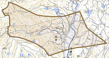 田井とその周辺の地図。町の範囲を重ねている