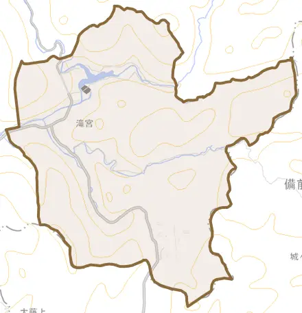 滝宮とその周辺の地図。町の範囲を重ねている