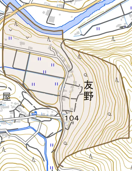 友野とその周辺の地図。町の範囲を重ねている