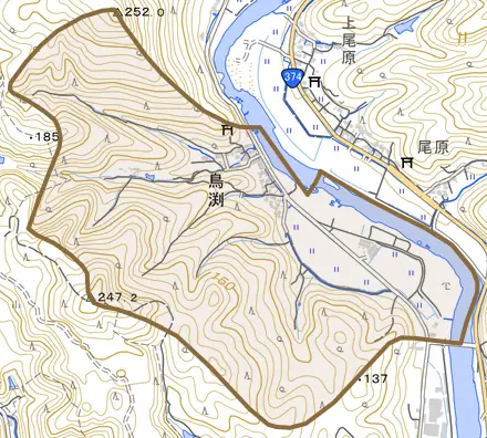 鳥渕とその周辺の地図。町の範囲を重ねている