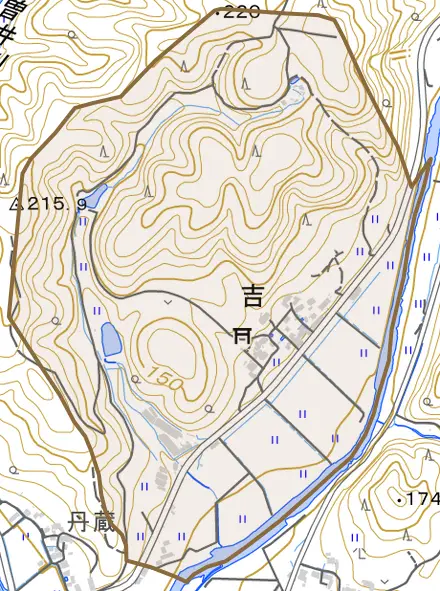 吉とその周辺の地図。町の範囲を重ねている