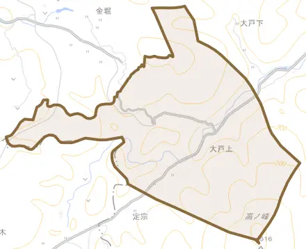 大戸上とその周辺の地図。町の範囲を重ねている