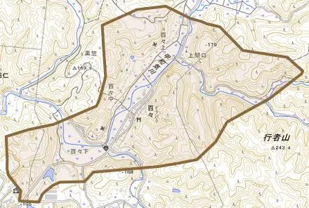百々とその周辺の地図。町の範囲を重ねている