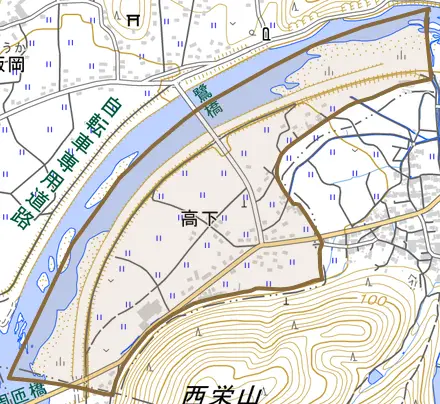 高下とその周辺の地図。町の範囲を重ねている