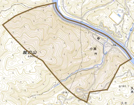 小瀬とその周辺の地図。町の範囲を重ねている