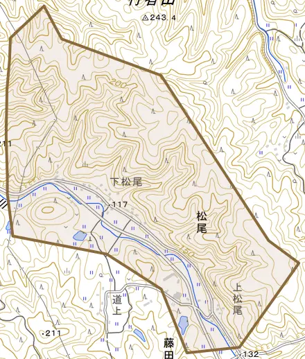 松尾とその周辺の地図。町の範囲を重ねている