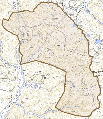 宮山とその周辺の地図。町の範囲を重ねている