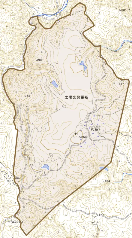 八神とその周辺の地図。町の範囲を重ねている