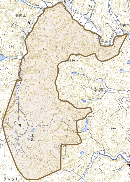 塩気とその周辺の地図。町の範囲を重ねている