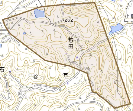 惣田とその周辺の地図。町の範囲を重ねている