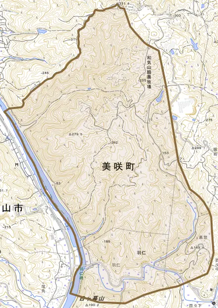 羽仁とその周辺の地図。町の範囲を重ねている