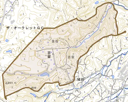 吉留とその周辺の地図。町の範囲を重ねている