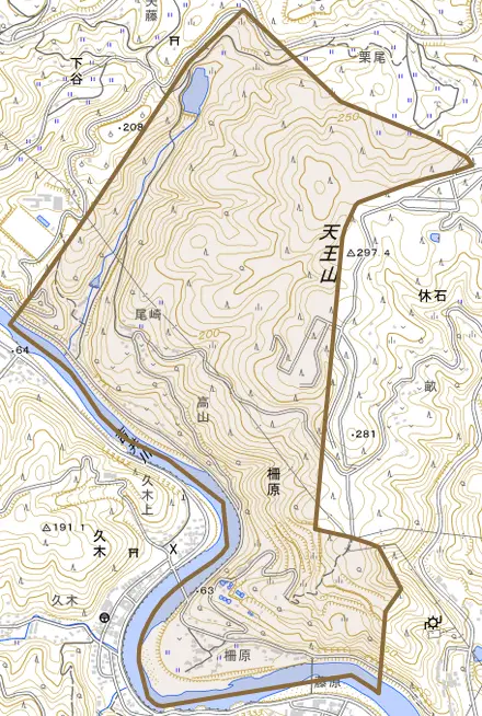 柵原とその周辺の地図。町の範囲を重ねている