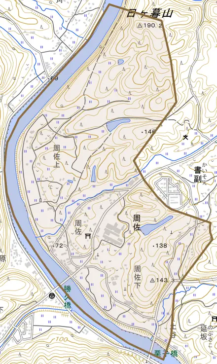 周佐とその周辺の地図。町の範囲を重ねている