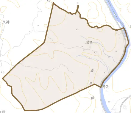 塚角とその周辺の地図。町の範囲を重ねている