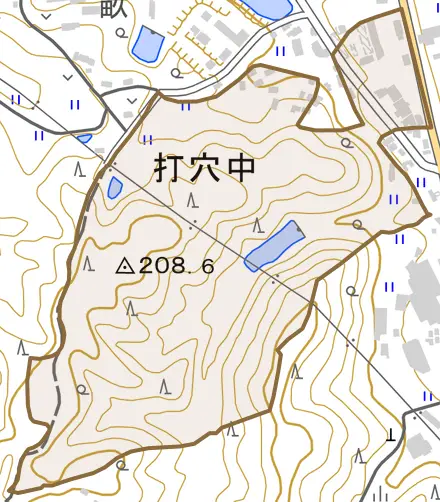 打穴中とその周辺の地図。町の範囲を重ねている