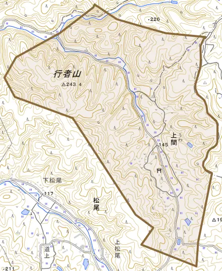 上間とその周辺の地図。町の範囲を重ねている