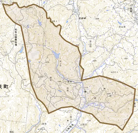 安井とその周辺の地図。町の範囲を重ねている