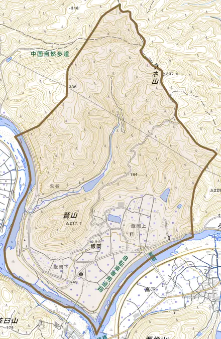 飯岡とその周辺の地図。町の範囲を重ねている