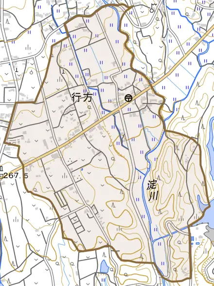 行方とその周辺の地図。町の範囲を重ねている
