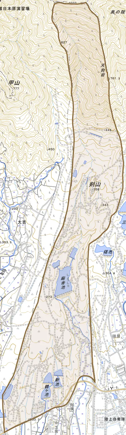 上町川とその周辺の地図。町の範囲を重ねている