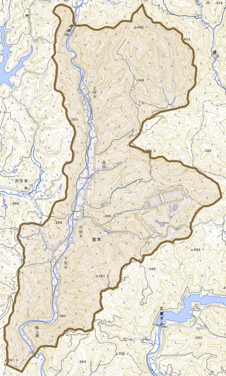 皆木とその周辺の地図。町の範囲を重ねている