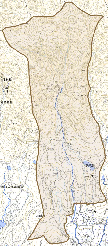 宮内とその周辺の地図。町の範囲を重ねている