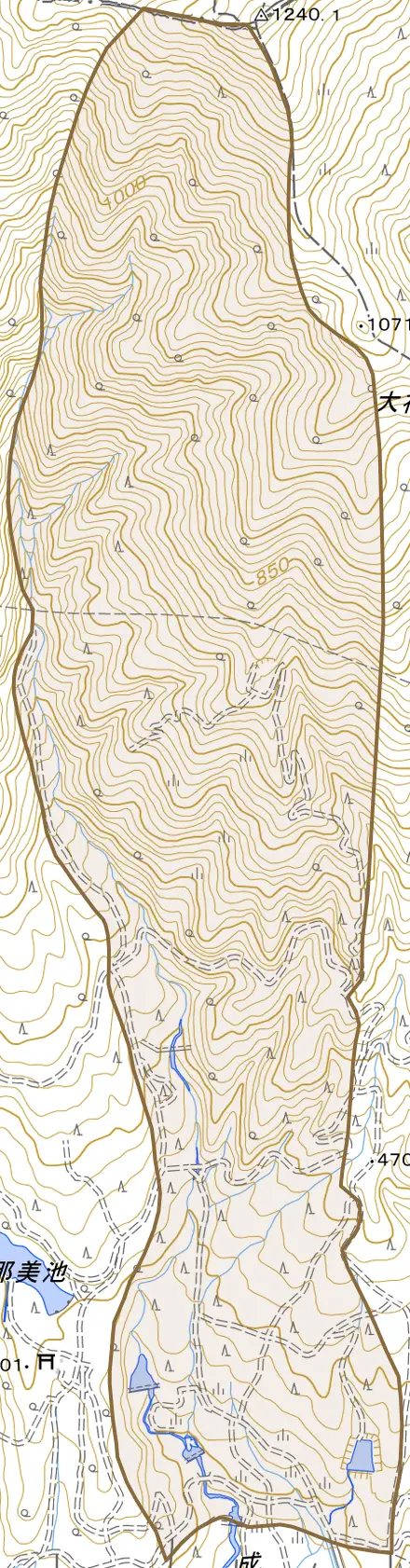 成松とその周辺の地図。町の範囲を重ねている