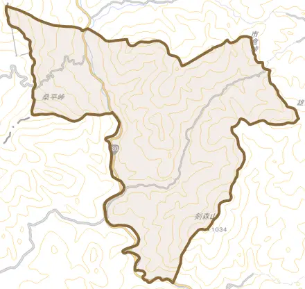 千屋実とその周辺の地図。町の範囲を重ねている
