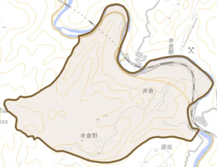 井倉とその周辺の地図。町の範囲を重ねている