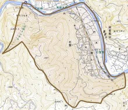 石蟹とその周辺の地図。町の範囲を重ねている