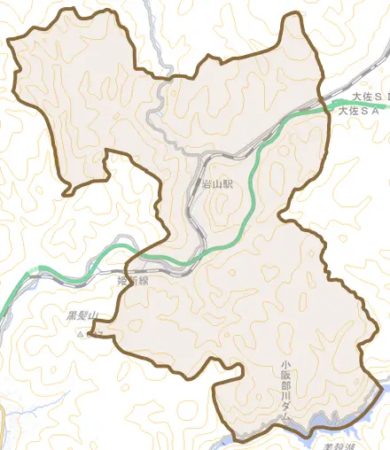 上熊谷とその周辺の地図。町の範囲を重ねている