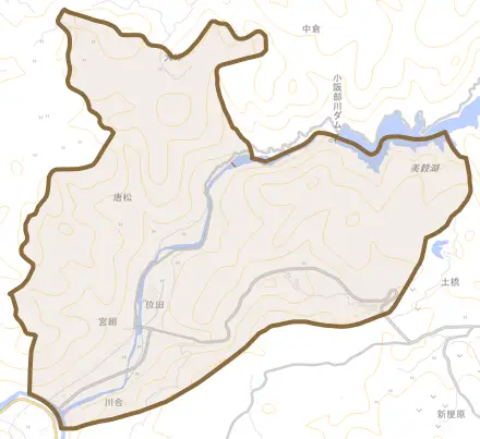 唐松とその周辺の地図。町の範囲を重ねている