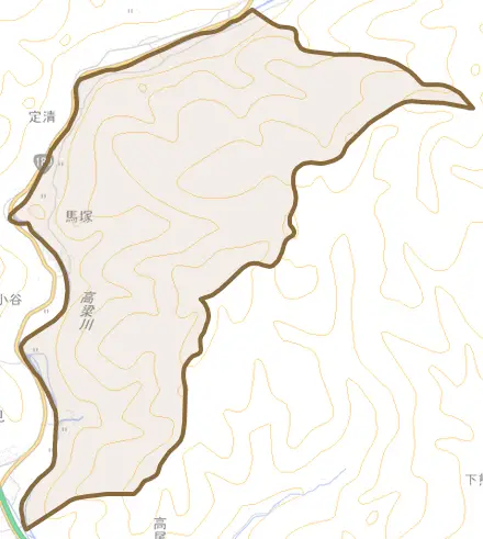 馬塚とその周辺の地図。町の範囲を重ねている