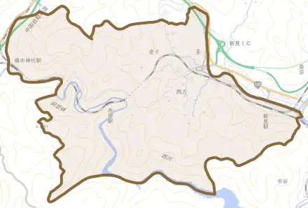 西方とその周辺の地図。町の範囲を重ねている