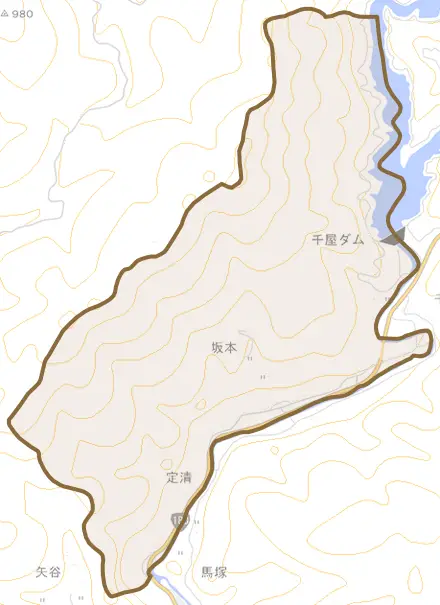 坂本とその周辺の地図。町の範囲を重ねている