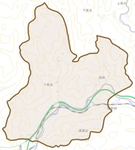 下熊谷とその周辺の地図。町の範囲を重ねている