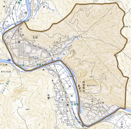 正田とその周辺の地図。町の範囲を重ねている