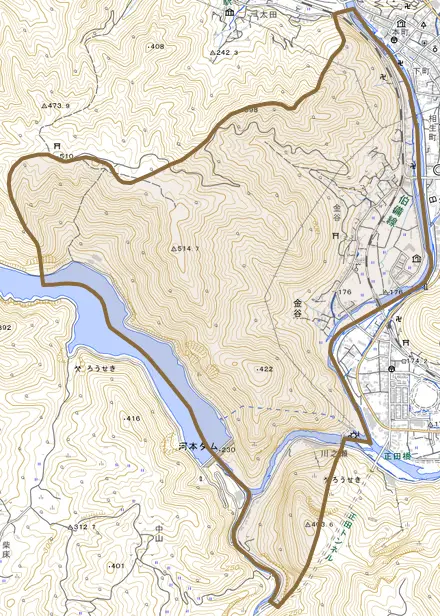 金谷とその周辺の地図。町の範囲を重ねている