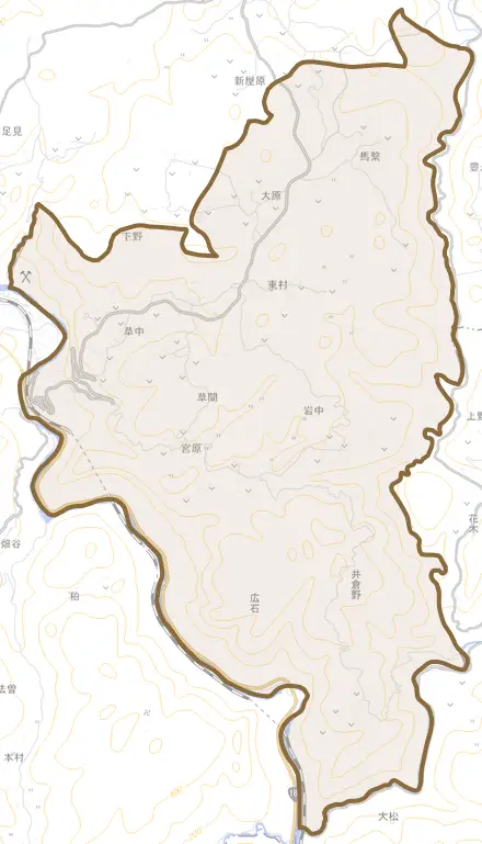 草間とその周辺の地図。町の範囲を重ねている