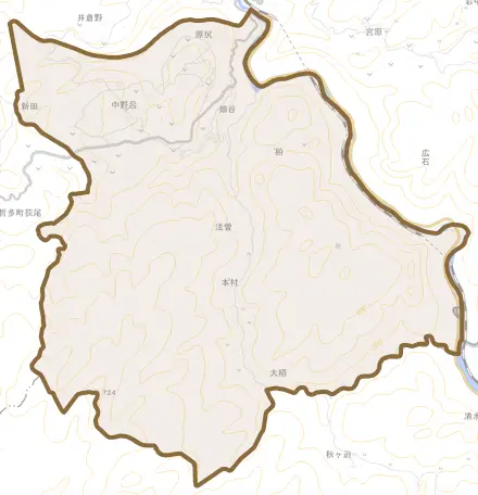 法曽とその周辺の地図。町の範囲を重ねている