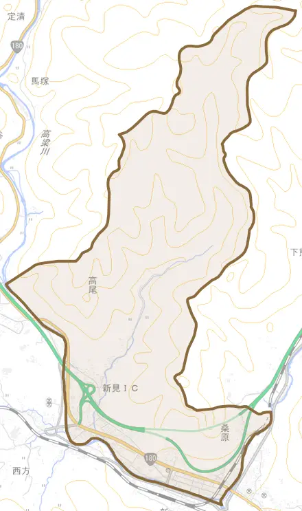高尾とその周辺の地図。町の範囲を重ねている