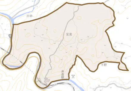 足見とその周辺の地図。町の範囲を重ねている