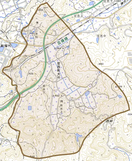 哲西町大竹とその周辺の地図。町の範囲を重ねている