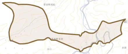 哲多町老栄とその周辺の地図。町の範囲を重ねている
