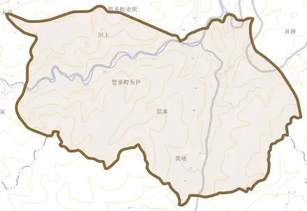 哲多町矢戸とその周辺の地図。町の範囲を重ねている