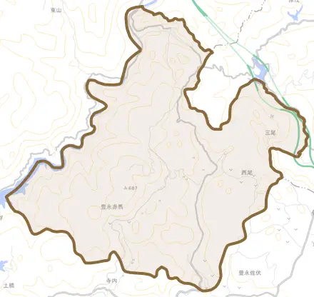 豊永赤馬とその周辺の地図。町の範囲を重ねている
