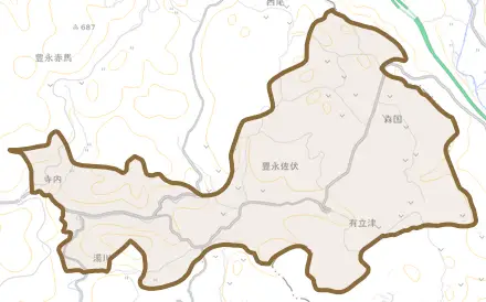 豊永佐伏とその周辺の地図。町の範囲を重ねている